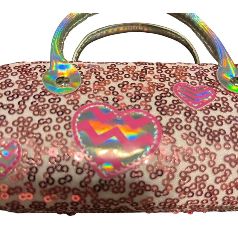 Barbie Pink Sequin Hard Shell Eyeglasses Case Purse Kids Holographic Hearts